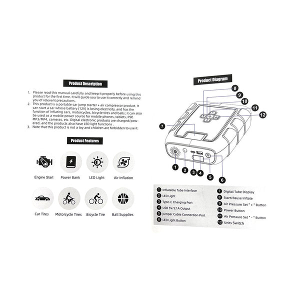 CRONY B03 Jumper Starter Car Charger jump Starter & Wireless Inflator Pump - Edragonmall.com