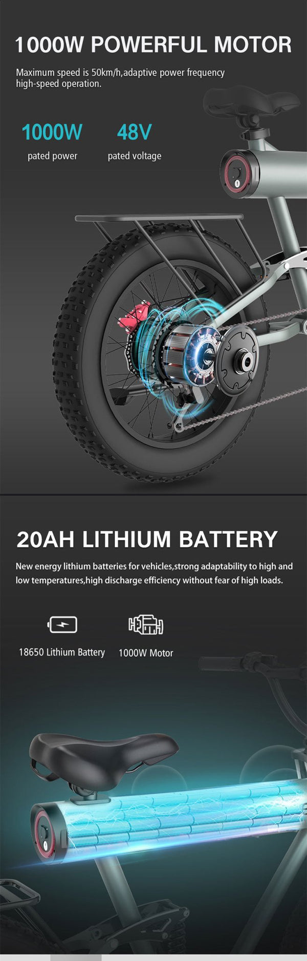 CRONY K20 Plus Electric Bicycle Mountain Electric Bike 1000W 10AH Electric Style Bike Outdoor Entertainment Snow 20 Inch Fat Tire Bike 48V Dirt Bike Electric - Edragonmall.com