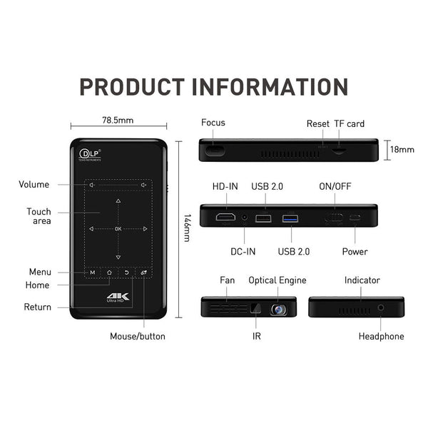 CRONY P09-11 Projector Android 9.0 OS 3D Smart Mini Finger Touch Projector