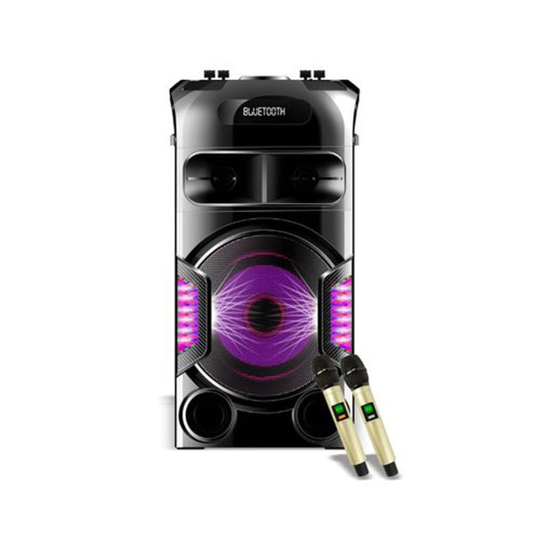 CRONY SN-128 100W Bluetooth Trolley Speaker with 2 UHF mics Record Function LED Disco Lights Aux FM Radio USB Memory Card