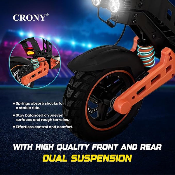 CRONY D2 Pro Electric Scooter with Seat, 1500W Motor, 50-65KM/H Speed, 30-40KM Range, Dual Suspension, Hydraulic Shock Absorbents, LCD Display, LED Lights, Bluetooth App, Rear Luggage Box