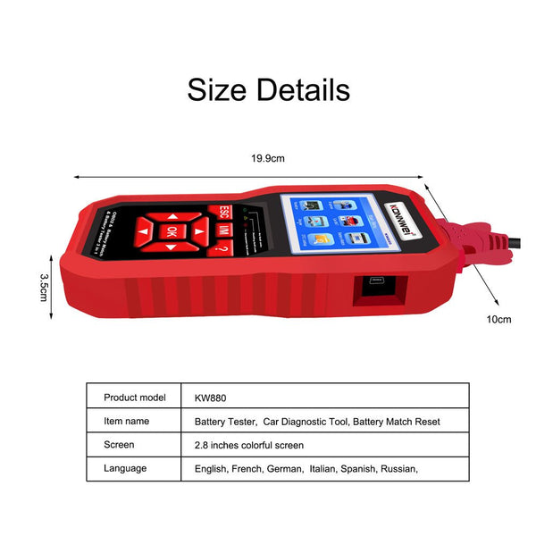 KONNWEI KW880 Battery Tester Car OBDII Battery Match Reset Tool OBDII Diagnostic Fault Scanner For 6V-12V Auto Motorcycle - Edragonmall.com