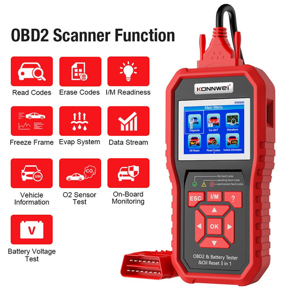 KONNWEI KW890 Battery Tester Car OBDII Oil Service Light Reset Tool OBD2 Scanner Car Professional Automotive Code Reader Diagnose Tool - Edragonmall.com