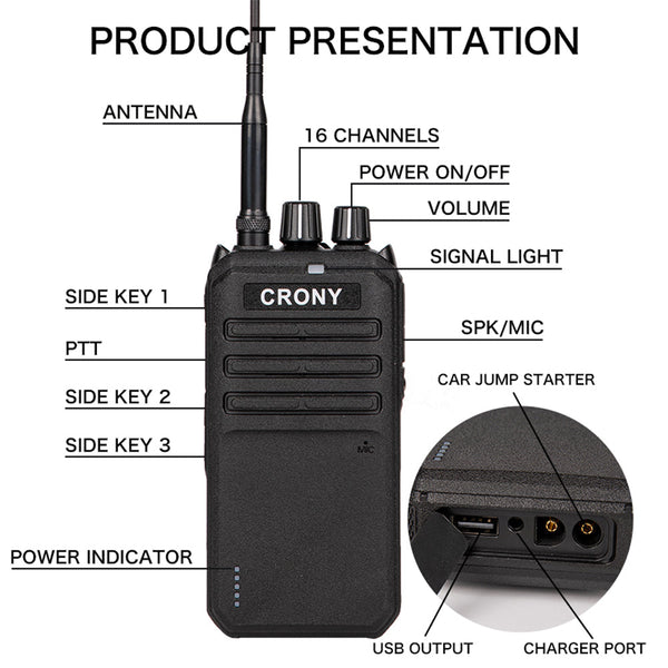Crony 25W P30 high power professional walkie talkie with car jump start LED emergency light 15-55km