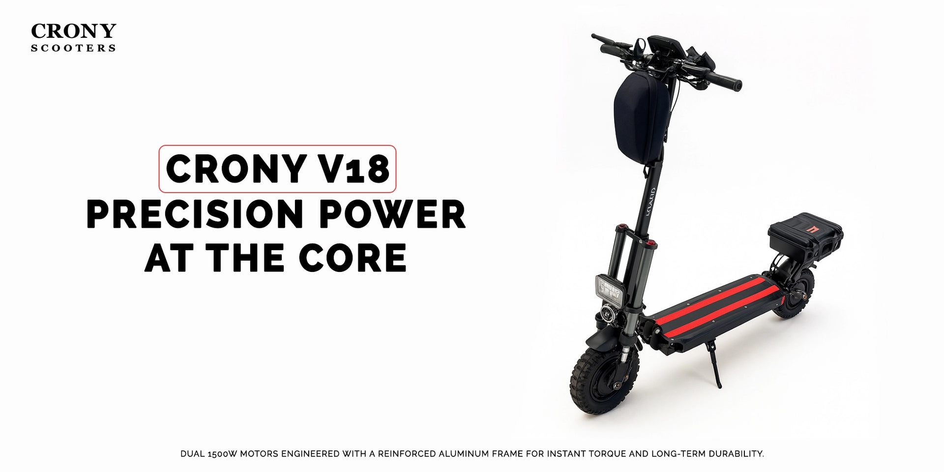 CRONY V18 Electric Scooter 1500W x2 Motors 48V/18AH Battery 30-60KM Range Disc Brakes Front/Rear Suspension Big LED Headlamp - Hero Banner 1
