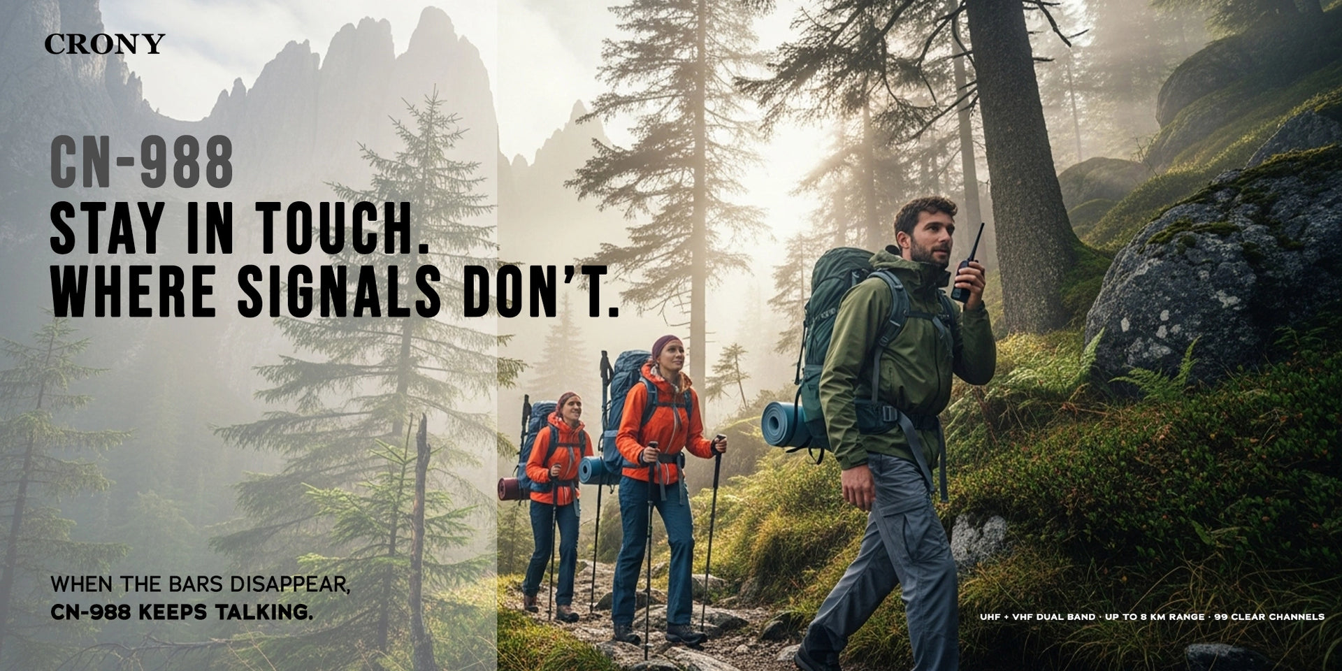 Crony 5W CN-988 Handheld Long Distance UHF/VHF Walkie Talkies Two-way Radios 5-8 KM - Hero Banner 1