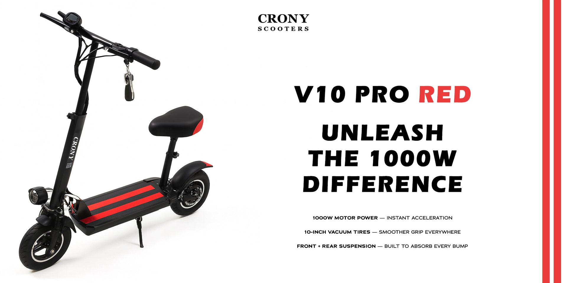 CRONY V10 Pro Red max speed 35km/h Fast Speed E-scooter 38v 1000w strong powerful electric scooter foldable 10 inch electric scooter (Refurbished) - Hero Banner 1