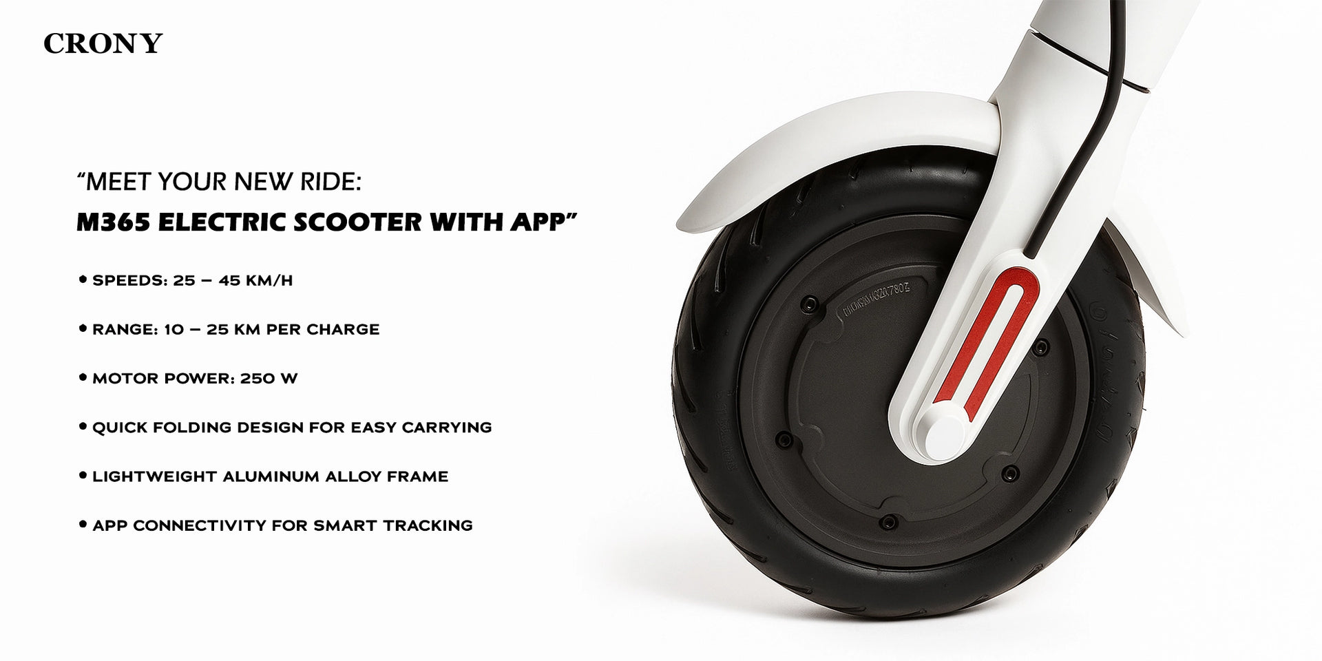 CRONY M365 Electric Scooter with 250W Motor 36V Battery App Connectivity 25-45 KM/H Speed Quick Easy Folding Rear Disc Brake | White - Hero Banner 3