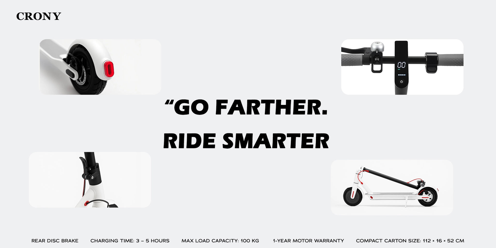 CRONY M365 Electric Scooter with 250W Motor 36V Battery App Connectivity 25-45 KM/H Speed Quick Easy Folding Rear Disc Brake | White - Hero Banner 2