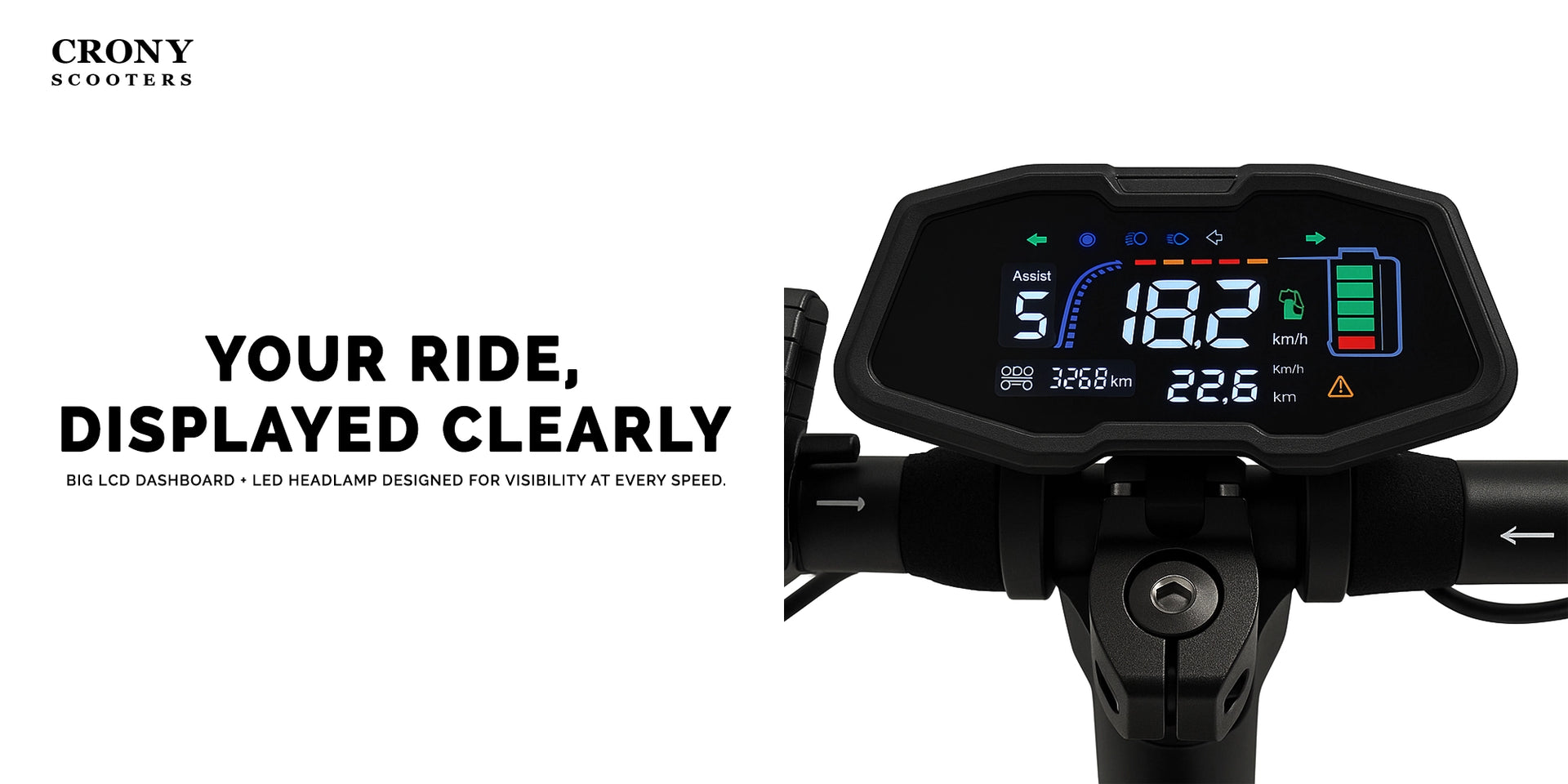 CRONY V18 Electric Scooter 1500W x2 Motors 48V/18AH Battery 30-60KM Range Disc Brakes Front/Rear Suspension Big LED Headlamp - Hero Banner 3