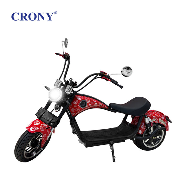 CRONY X1 Electric Motorcycle, 3000W Motor, 60V 12Ah Battery, 60-80KM/H Max Speed, 25-35KM Range, Front & Rear Disc Brakes, Front & Rear Suspension, LCD Display, LED Lights, Bluetooth Speaker, Mobile Phone Holder, Harley Bag, Red Skull