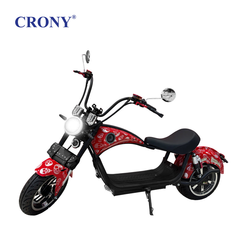 CRONY X1 Electric Motorcycle, 3000W Motor, 60V 12Ah Battery, 60-80KM/H Max Speed, 25-35KM Range, Front &amp; Rear Disc Brakes, Front &amp; Rear Suspension, LCD Display, LED Lights, Bluetooth Speaker, Mobile Phone Holder, Harley Bag, Red Skull