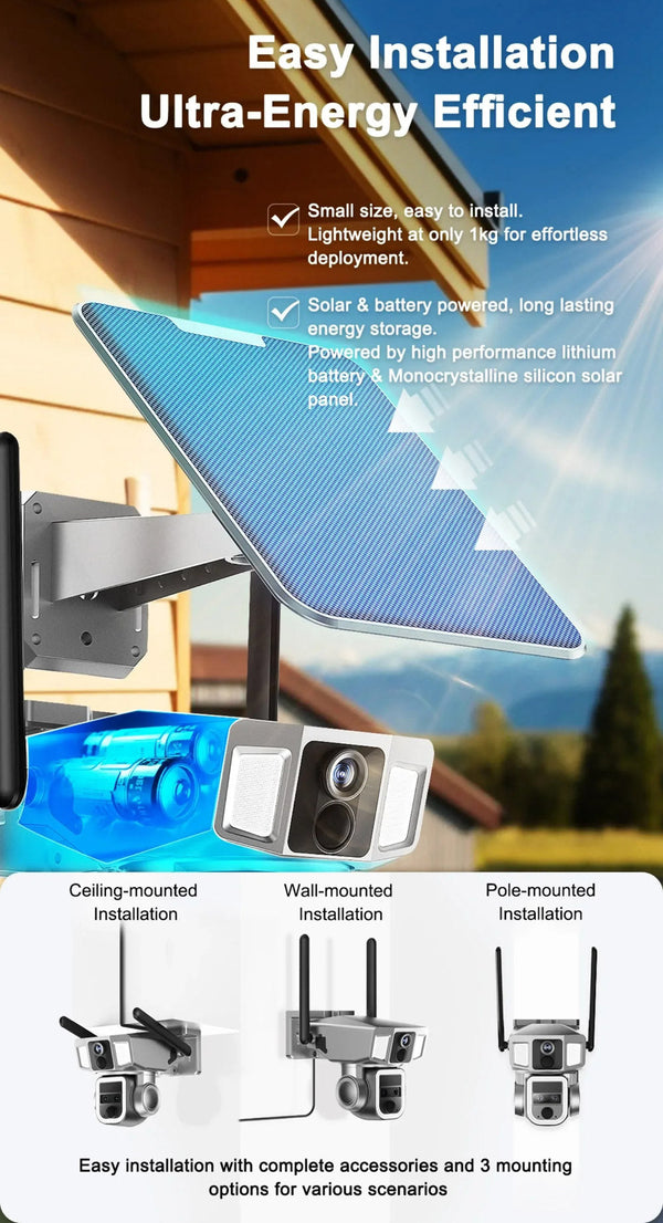 CRONY Y7A 4G-WiFi-4K-8MP(10X) Solar Triple-lens Linkage Camera CCTV 9W Solar Panel