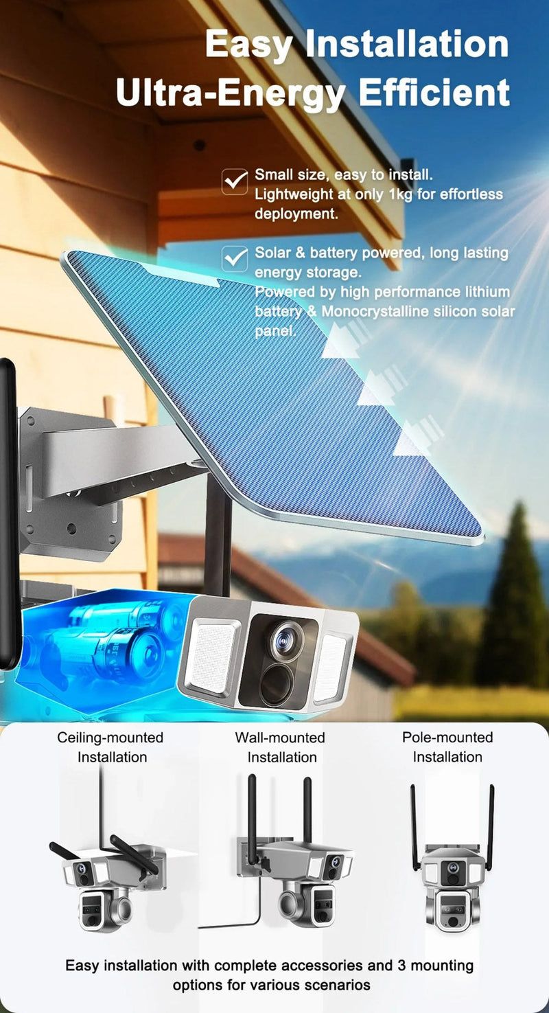CRONY Y7A 4G-WiFi-4K-8MP(10X) Solar Triple-lens Linkage Camera CCTV 9W Solar Panel