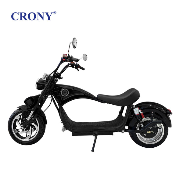 CRONY X1 Electric Motorcycle, 3000W Motor, 60V 12Ah Battery, 60-80KM/H Max Speed, 25-35KM Range, Front & Rear Disc Brakes, Front & Rear Suspension, LCD Display, LED Lights, Bluetooth Speaker, Mobile Phone Holder, Harley Bag, Black