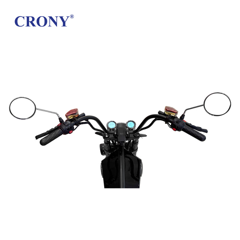 CRONY X1 Electric Motorcycle, 3000W Motor, 60V 12Ah Battery, 60-80KM/H Max Speed, 25-35KM Range, Front & Rear Disc Brakes, Front & Rear Suspension, LCD Display, LED Lights, Bluetooth Speaker, Mobile Phone Holder, Harley Bag, Black