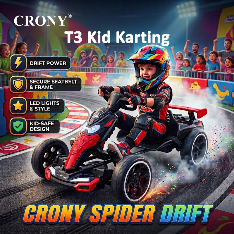 CRONY T3 Kids Electric Go Kart with Remote Control, 390W Motor, 6V 4.5Ah Battery, 5-6KM/H Speed, LED Headlights, Bluetooth Speaker, Seat Belt, Forward & Reverse Switch, Ride On Kart for Kids