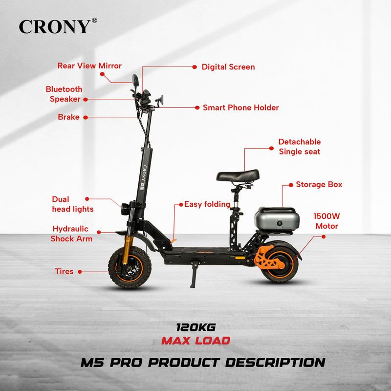 CRONY M5 Pro Electric Scooter for Adults Kids 1500W High-Speed E-Scooter with Bluetooth Speaker App Connectivity IPX4 120KG Max Load