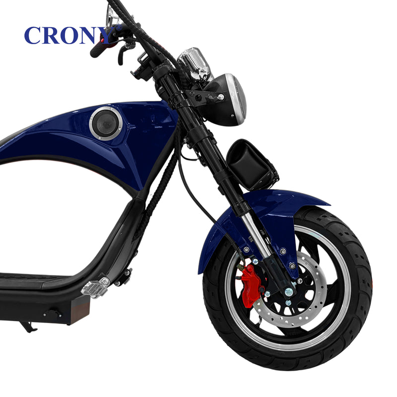 CRONY X1 Electric Motorcycle, 3000W Motor, 60V 12Ah Battery, 60-80KM/H Max Speed, 25-35KM Range, Front & Rear Disc Brakes, Front & Rear Suspension, LCD Display, LED Lights, Bluetooth Speaker, Mobile Phone Holder, Harley Bag, Blue