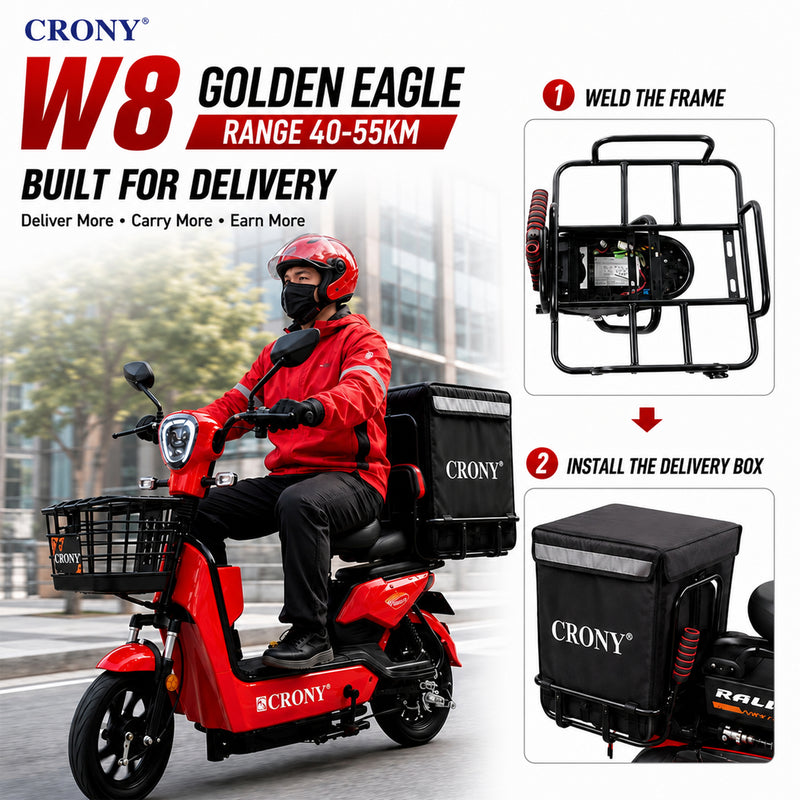 CRONY W8 Golden Eagle Electric Bike, Red, 350W Rear Hub Motor, 48V 12Ah/20Ah Battery, 40 km/h Top Speed, 31–60 km Range, 14-Inch Wheels, 3-Speed, Front Drum & Rear Locking Brake, Long-Range Electric City Bike
