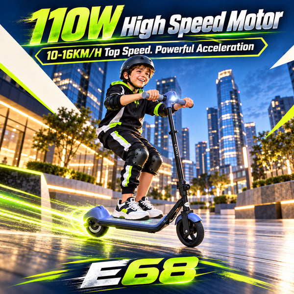 CRONY E68 Electric Scooter for Kids, 110W Motor, 10–16 KM/H Top Speed, 24V 2.5Ah Battery, 5–8 KM Range, 6.5-Inch Tires, Easy Folding, Adjustable Handlebar, LED Headlight & Rear Wheel Light, Bluetooth Speaker, Blue