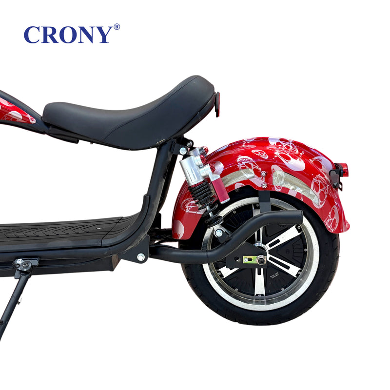 CRONY X1 Electric Motorcycle, 3000W Motor, 60V 12Ah Battery, 60-80KM/H Max Speed, 25-35KM Range, Front & Rear Disc Brakes, Front & Rear Suspension, LCD Display, LED Lights, Bluetooth Speaker, Mobile Phone Holder, Harley Bag, Red Skull