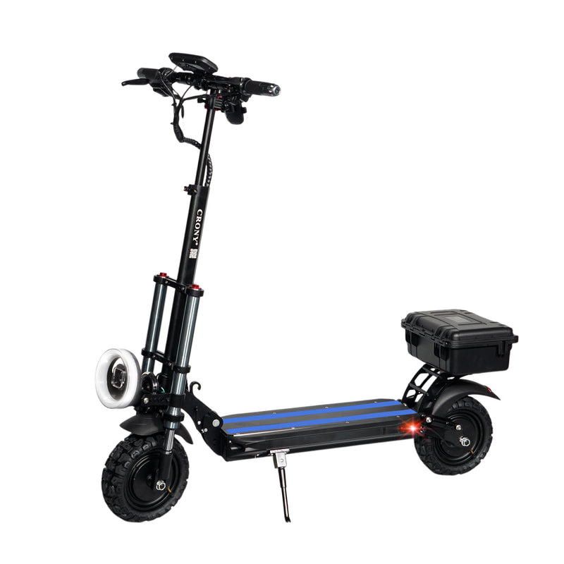 The CRONY V18 is a high-performance electric scooter powered by dual 1500W motors, delivering strong acceleration and smooth riding with speeds up to 40 KM/H. Equipped with a 48V 18AH battery, it offers a travel range of 30–60 KM on a single charge.