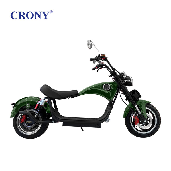 CRONY X1 Electric Motorcycle, 3000W Motor, 60V 12Ah Battery, 60-80KM/H Max Speed, 25-35KM Range, Front & Rear Disc Brakes, Front & Rear Suspension, LCD Display, LED Lights, Bluetooth Speaker, Mobile Phone Holder, Harley Bag, Green