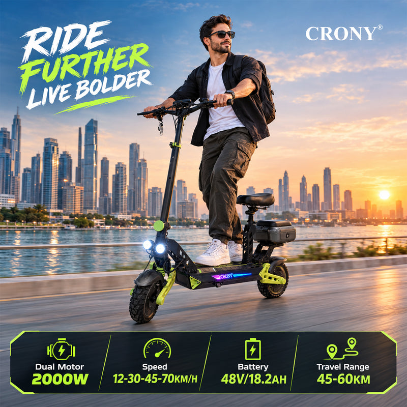 CRONY D2 Dual Motor Electric Scooter with Seat, 4000W (2000W x2), 48V 18.2Ah Battery, 45-60KM Range, Up to 70KM/H, 10-Inch Tires, Front & Rear Suspension, Disc Brakes, LED Lights, Bluetooth APP, Green