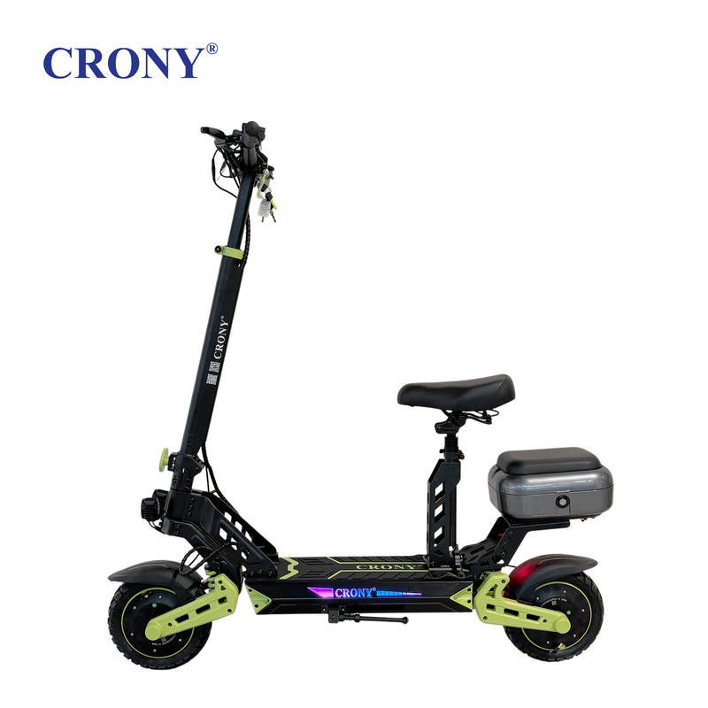 CRONY D2 Dual Motor Electric Scooter with Seat, 4000W (2000W x2), 48V 18.2Ah Battery, 45-60KM Range, Up to 70KM/H, 10-Inch Tires, Front & Rear Suspension, Disc Brakes, LED Lights, Bluetooth APP, Green