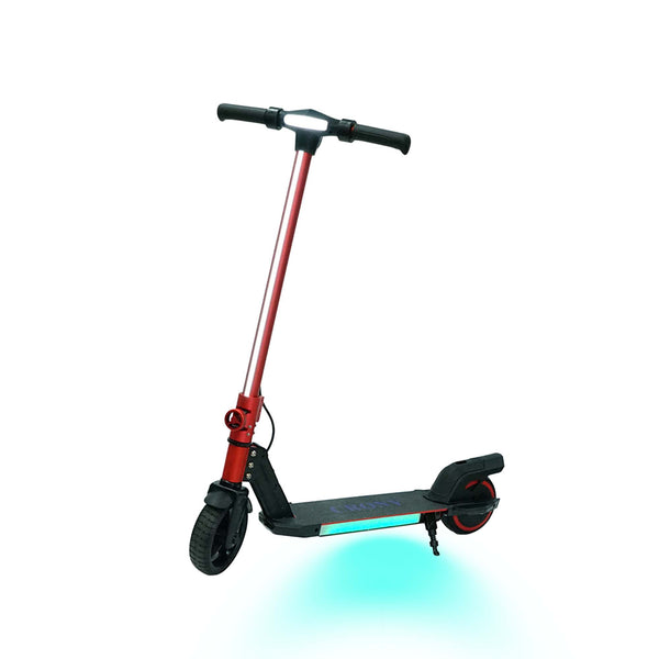 The CRONY S32 is a foldable electric scooter available in multiple colors, featuring an aluminum alloy body, a 130W motor, an LED display, and seven-color footboard lights.
