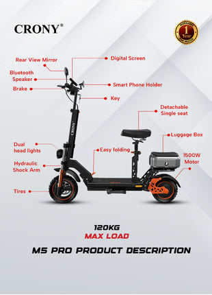 CRONY M5 Pro High-Speed Electric Scooter Up to 80 km/h, 10-Inch Wide Tires, Mobile Phone Holder, Bluetooth Speaker, Rear Luggage Box, Rearview Mirrors, Dual LED Headlamps, IPX4 Waterproof, App Connectivity