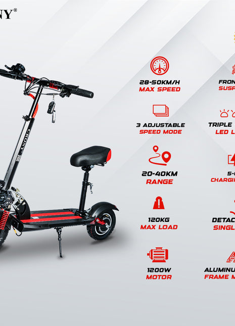 CRONY V10 Red Fast Speed Electric Scooter 1200W Motor, 48V Battery, Top Speed 68Km/h, Range 20-40Km, Triple LED Headlamps, Base LED Lights, 10 Inch Tyres