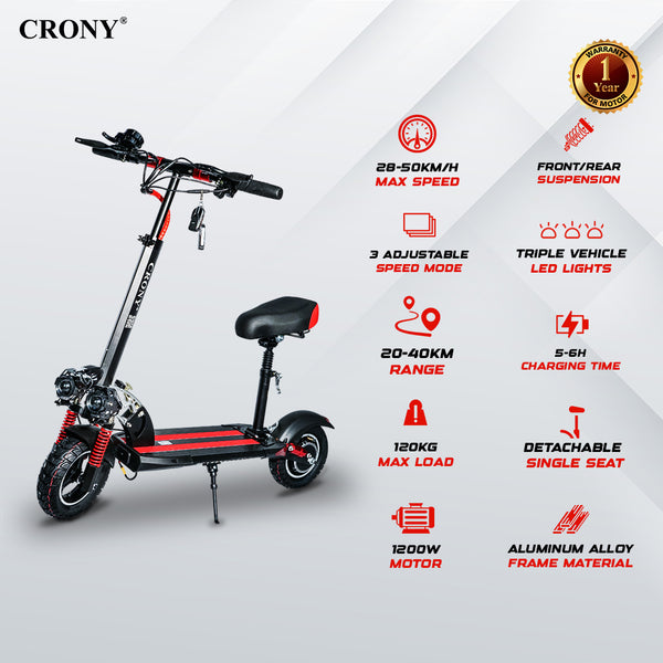 CRONY V10 Red Fast Speed Electric Scooter 1200W Motor, 48V Battery, Top Speed 68Km/h, Range 20-40Km, Triple LED Headlamps, Base LED Lights, 10 Inch Tyres