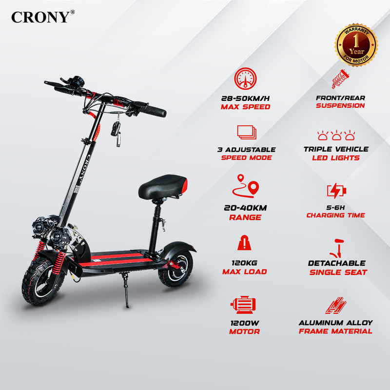 CRONY V10 Red Fast Speed Electric Scooter 1200W Motor, 48V Battery, Top Speed 68Km/h, Range 20-40Km, Triple LED Headlamps, Base LED Lights, 10 Inch Tyres