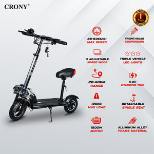 CRONY V10 Black Fast Speed Electric Scooter 1200W Motor, 48V Battery, Top Speed 45-68Km/h, Range 20-40Km, Triple LED Headlamps, Base LED Lights, 10 Inch Tyres