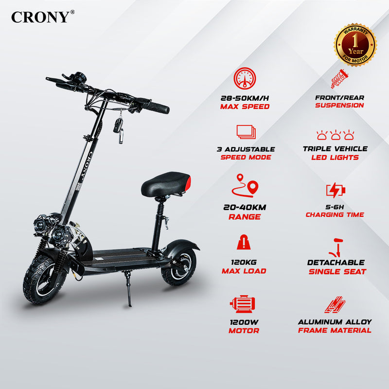 CRONY V10 Black Fast Speed Electric Scooter 1200W Motor, 48V Battery, Top Speed 45-68Km/h, Range 20-40Km, Triple LED Headlamps, Base LED Lights, 10 Inch Tyres