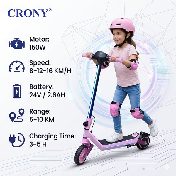CRONY E72 Dual-Shock Electric Scooter for Kids, Pink, 150W Motor, 24V 2.6Ah Battery, 8-12KM/H Speed, 5-10KM Range, Front & Rear Suspension, LED Display, Easy Folding, 1 Year Motor Warranty
