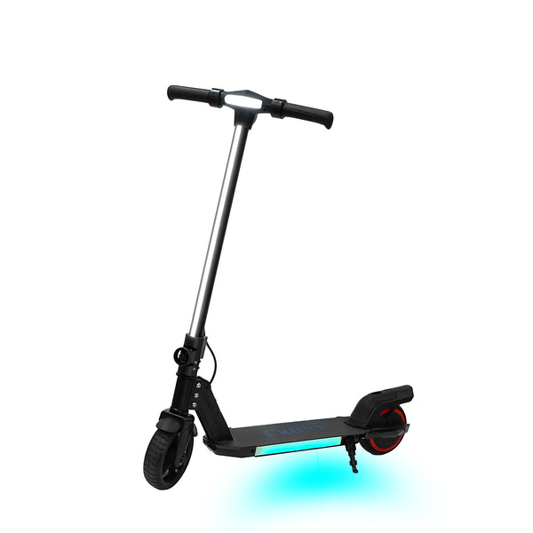 The CRONY S32 is a foldable electric scooter available in multiple colors, featuring an aluminum alloy body, a 130W motor, an LED display, and seven-color footboard lights.