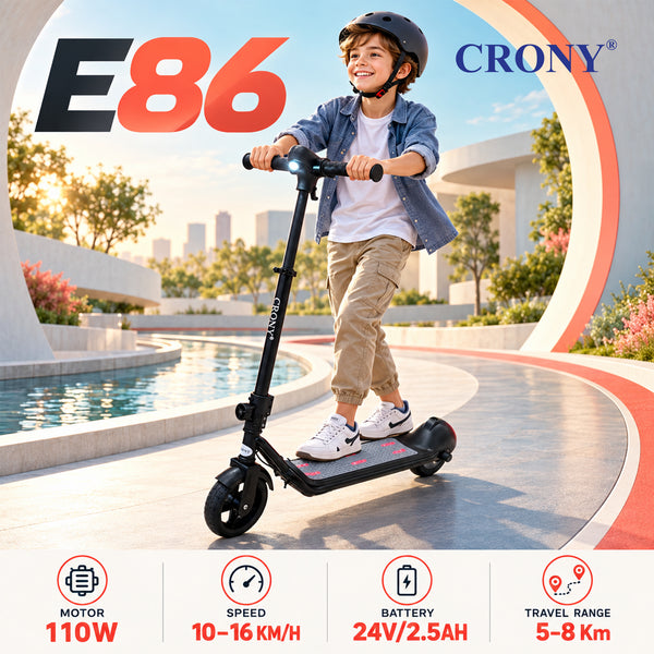 CRONY E68 Electric Scooter for Kids, 110W Motor, 10–16 KM/H Top Speed, 24V 2.5Ah Battery, 5–8 KM Range, 6.5-Inch Tires, Easy Folding, Adjustable Handlebar, LED Headlight & Rear Wheel Light, Bluetooth Speaker, Black**
