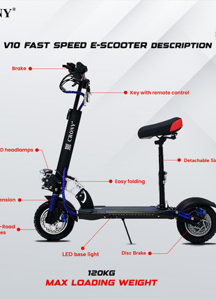 CRONY V10 Blue Fast Speed Electric Scooter 1200W Motor, 48V Battery, Top Speed 68Km/h, Range 20-40Km, Triple LED Headlamps, Base LED Lights, 10 Inch Tyres