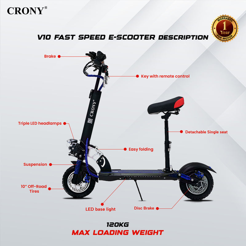 CRONY V10 Blue Fast Speed Electric Scooter 1200W Motor, 48V Battery, Top Speed 68Km/h, Range 20-40Km, Triple LED Headlamps, Base LED Lights, 10 Inch Tyres