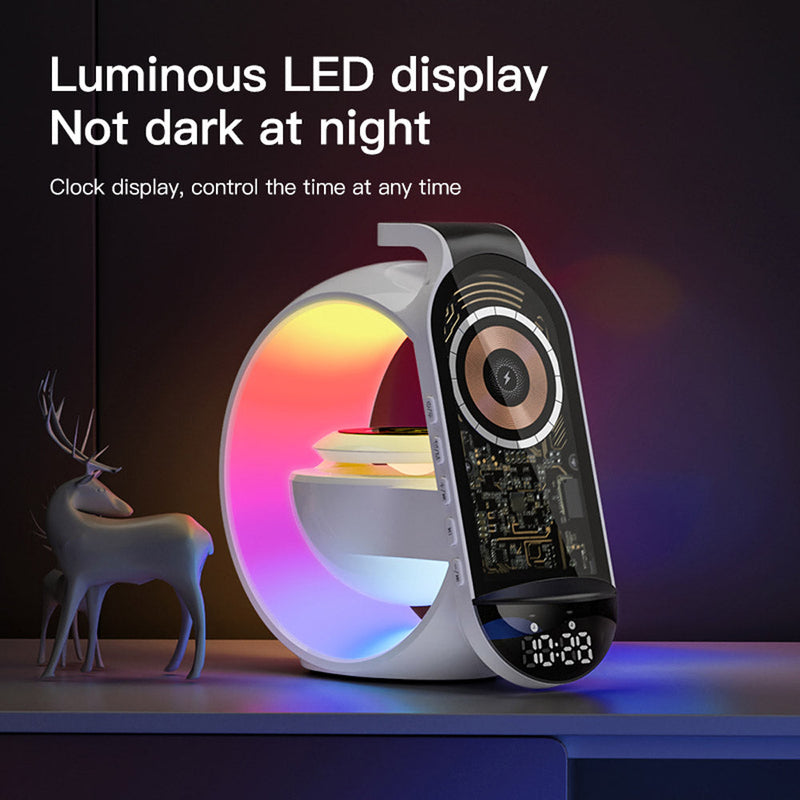 Multi-G table lamp BT speaker & MIC & clock & wireless charge Big G table lamp Bluetooth speaker with wheat belt clock with multi-function wireless charge