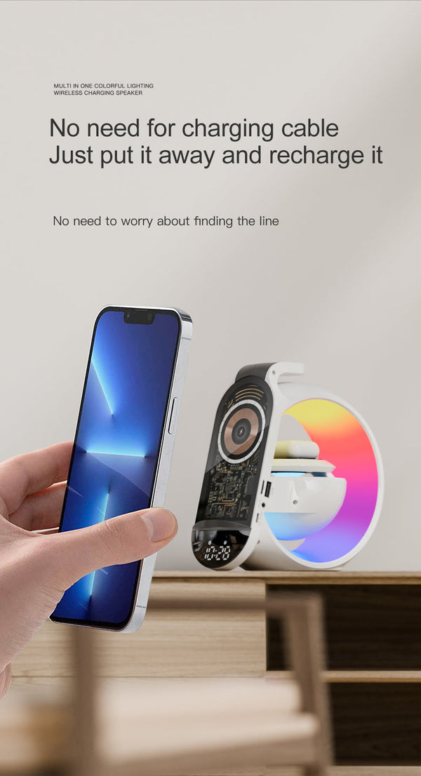 Multi-G table lamp BT speaker & MIC & clock & wireless charge Big G table lamp Bluetooth speaker with wheat belt clock with multi-function wireless charge