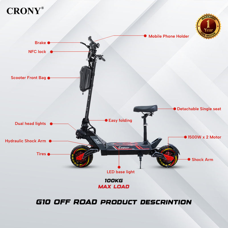 CRONY G10 Electric Scooter 1500Wx2 Motors 48V/25AH Battery 45-75KM Range Oil Brakes Front/Rear Suspension 10" Off-Road Tires Scooter Front Bag
