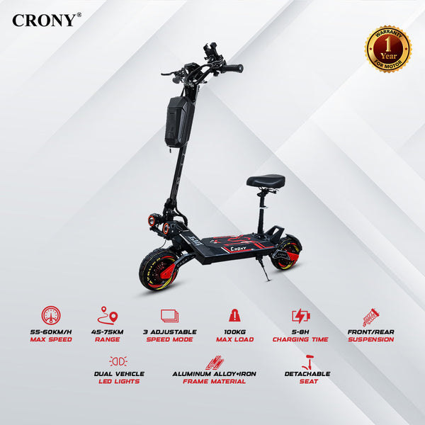 CRONY G10 Electric Scooter 1500Wx2 Motors 48V/25AH Battery 45-75KM Range Oil Brakes Front/Rear Suspension 10" Off-Road Tires Scooter Front Bag