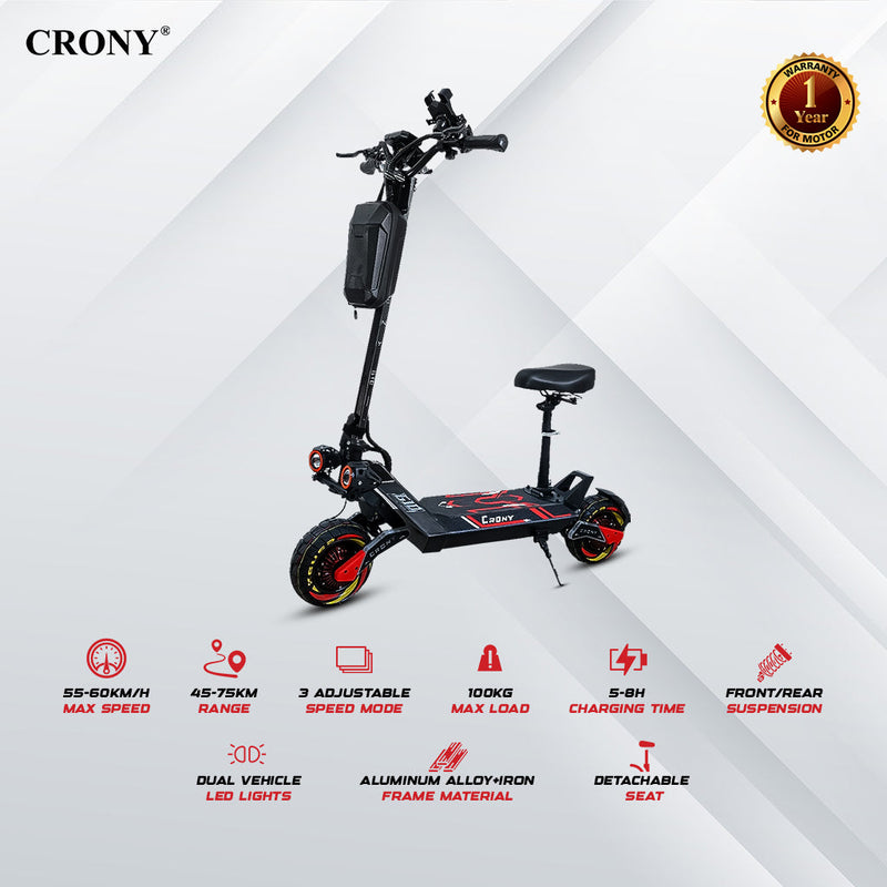 CRONY G10 Electric Scooter 1500Wx2 Motors 48V/25AH Battery 45-75KM Range Oil Brakes Front/Rear Suspension 10" Off-Road Tires Scooter Front Bag