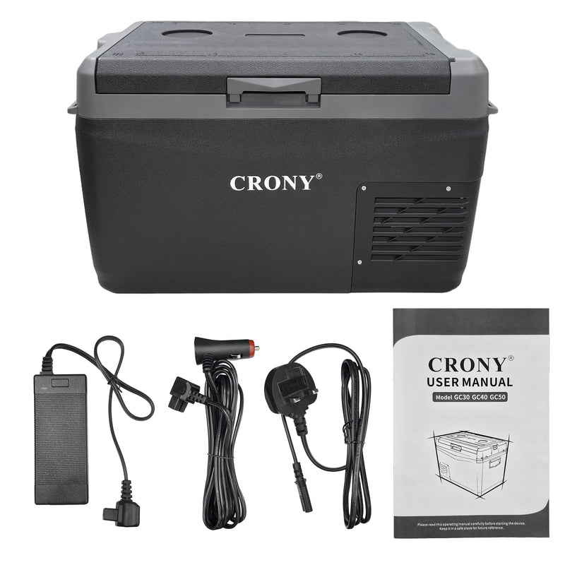 CRONY GC30 Portable Car Refrigerator 29L, 12V/24V DC & 100-220V AC Electric Cooler, -20°C to 20°C Temperature Range, LED Control Panel, Interior LED Light, Bottle Opener & Cup Holder, 1-Year Warranty