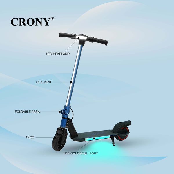 CRONY S32 Kids Foldable E-Scooter with LED Light Bar RGB Deck Lights & LED Display & E-Brake and E-Accelerator & Extended Footrest Supports Up to 100KG