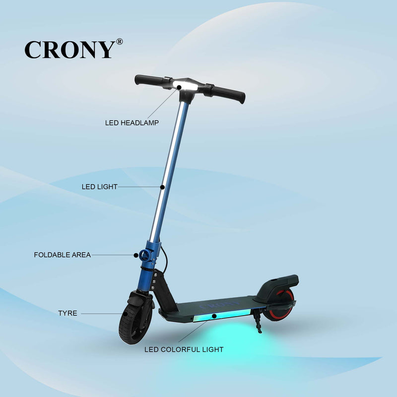 CRONY S32 Kids Foldable E-Scooter with LED Light Bar RGB Deck Lights & LED Display & E-Brake and E-Accelerator & Extended Footrest Supports Up to 100KG